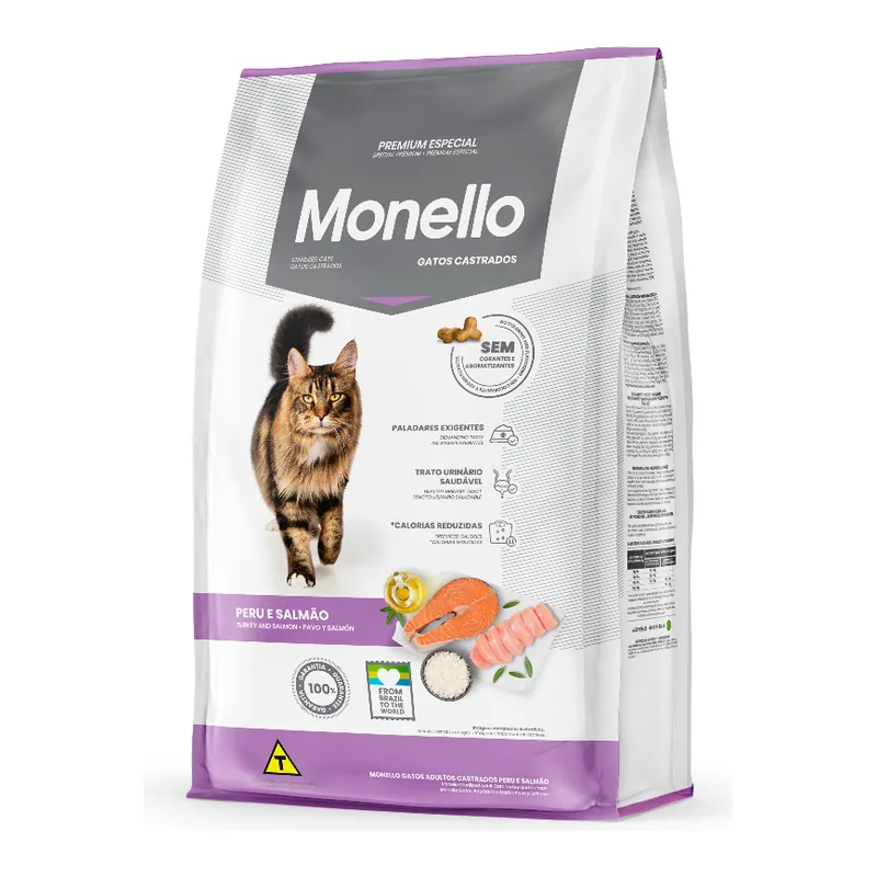 Embalagem da ração Monello Premium Especial Gatos Adultos Castrados Peru & Salmão