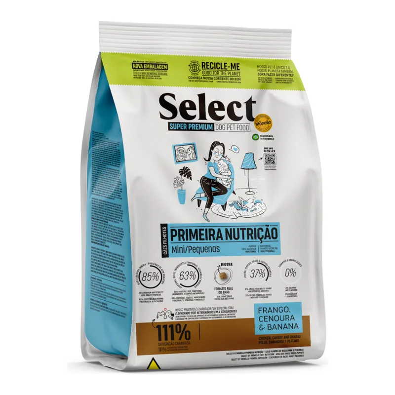 Embalagem da ração Select By Monello Raças Mini e Pequenas Primeira Nutrição