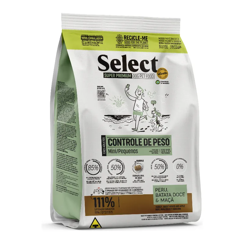 Embalagem da ração Select By Monello Raças Mini e Pequenas Controle De Peso